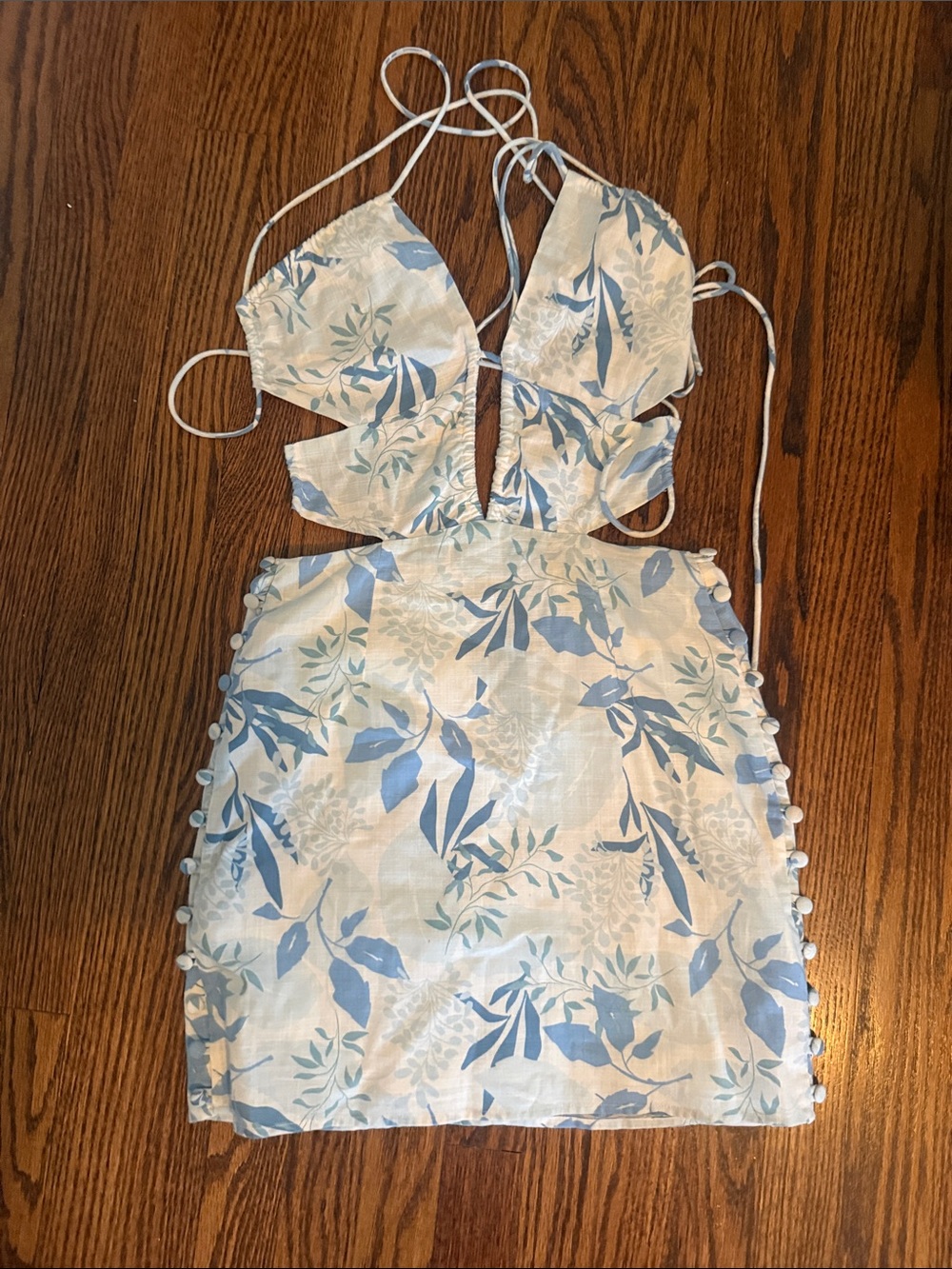 Sabo Light Blue & White Floral Cutout Mini Dress